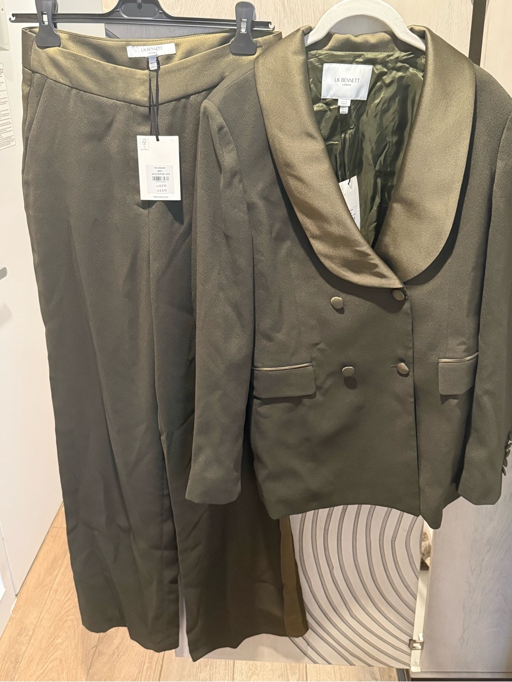 LK Bennett Olive Green Satin-Trim Double-Breasted Blazer with Matching Trousers